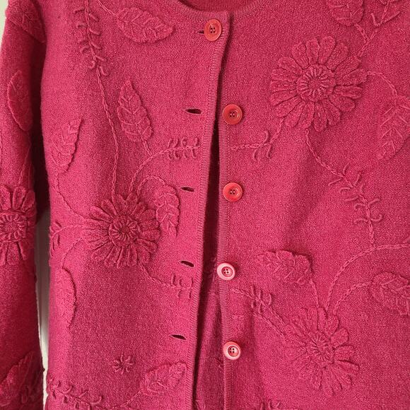 Talbots Petite wool cardigan womens SP Pink Boiled wool floral appliqué Button - Picture 5 of 10
